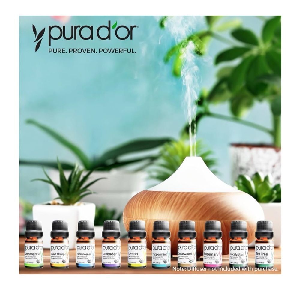 PURA D'OR Organic 10 Essential Oils Set ~ 10ml each ~New in Wooden Box